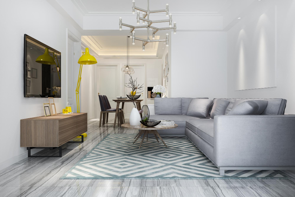 Modern living and dining room interior designed by Livnarch with clean lines, neutral tones, and contemporary lighting.