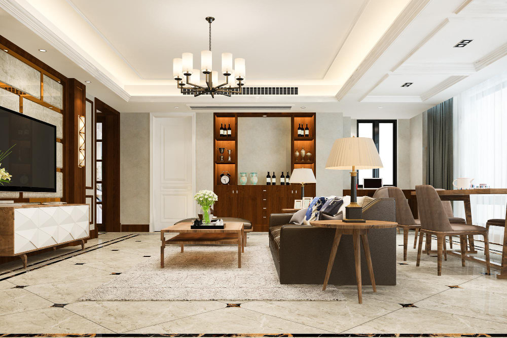Modern living and dining room interior designed by Livnarch with clean lines, neutral tones, and contemporary lighting.